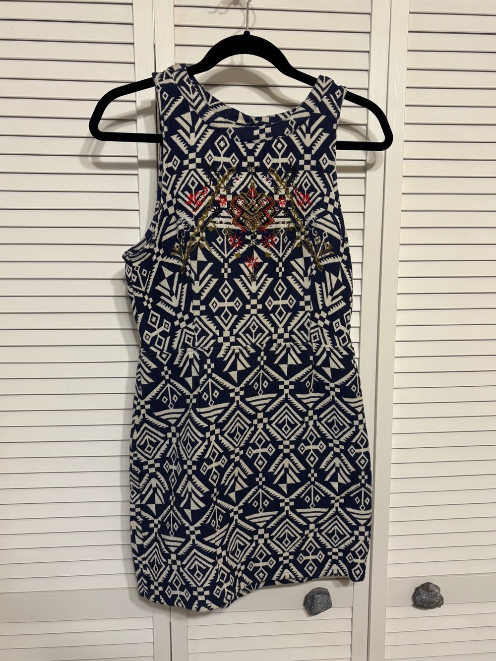 Embroidered Navy & White Geometric Tank Dress